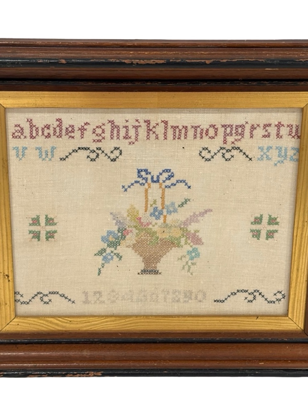 Antique Mid-20th Century Finished Cross Stitch Alphabet Sampler Framed 14 x 12